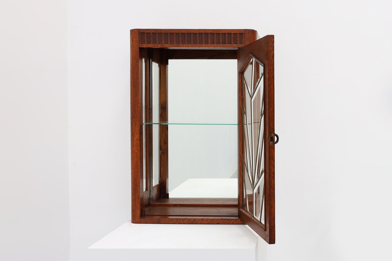 photo furniture Art Deco French Oak Cabinet With Beveled Leaded Glass, 1920s