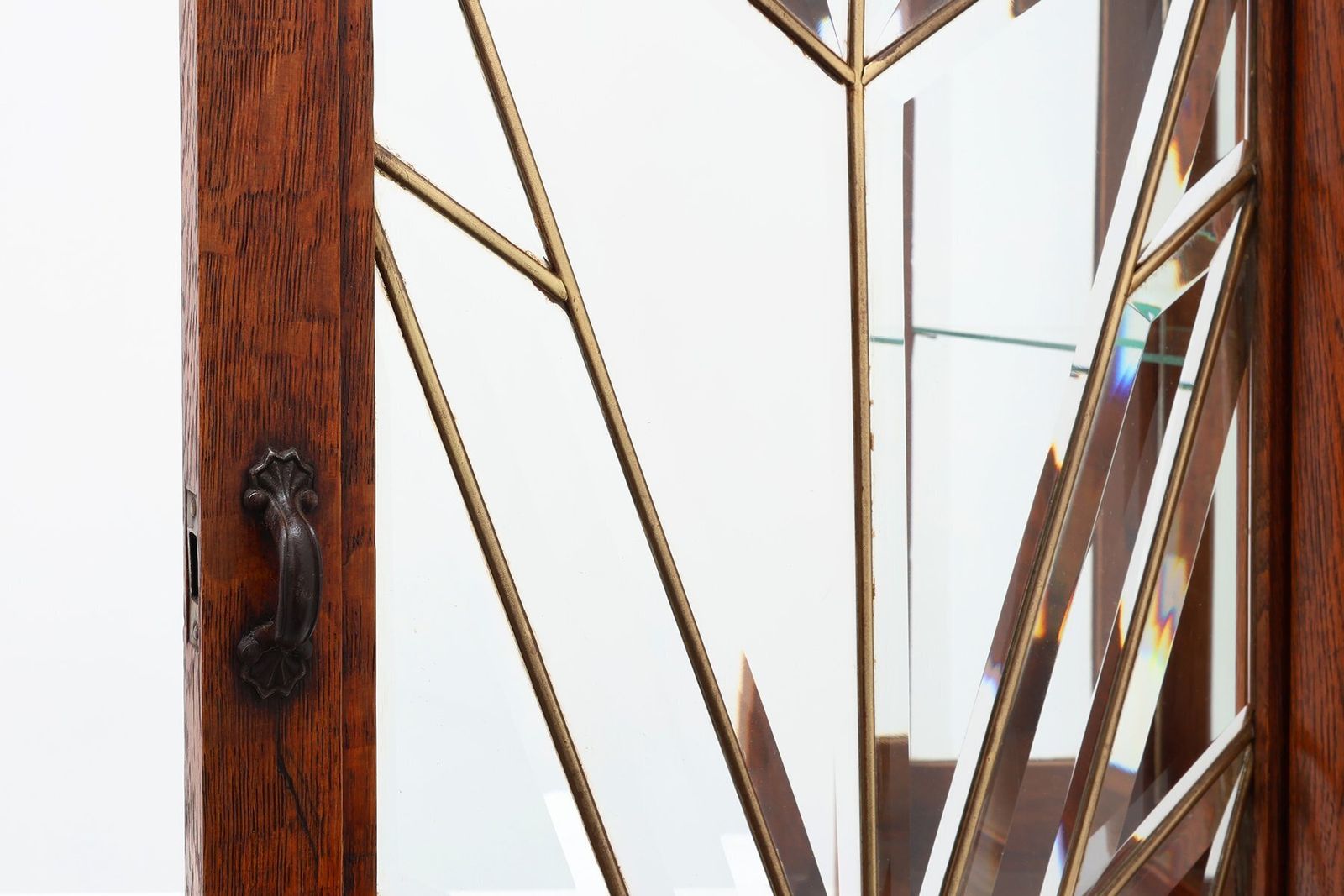 photo buy Art Deco French Oak Cabinet With Beveled Leaded Glass, 1920s