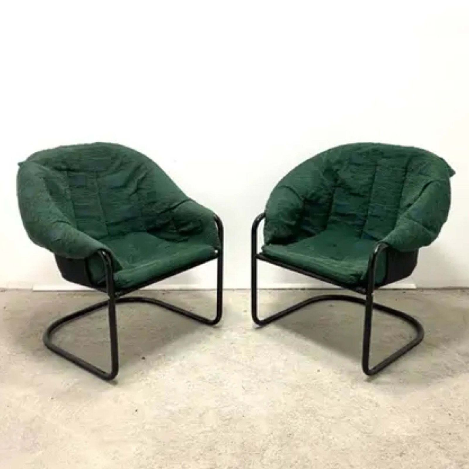 Retro Fiam Armchairs Italy 1980s – Black Metal Frame & Green Upholstery (Set Of 2)