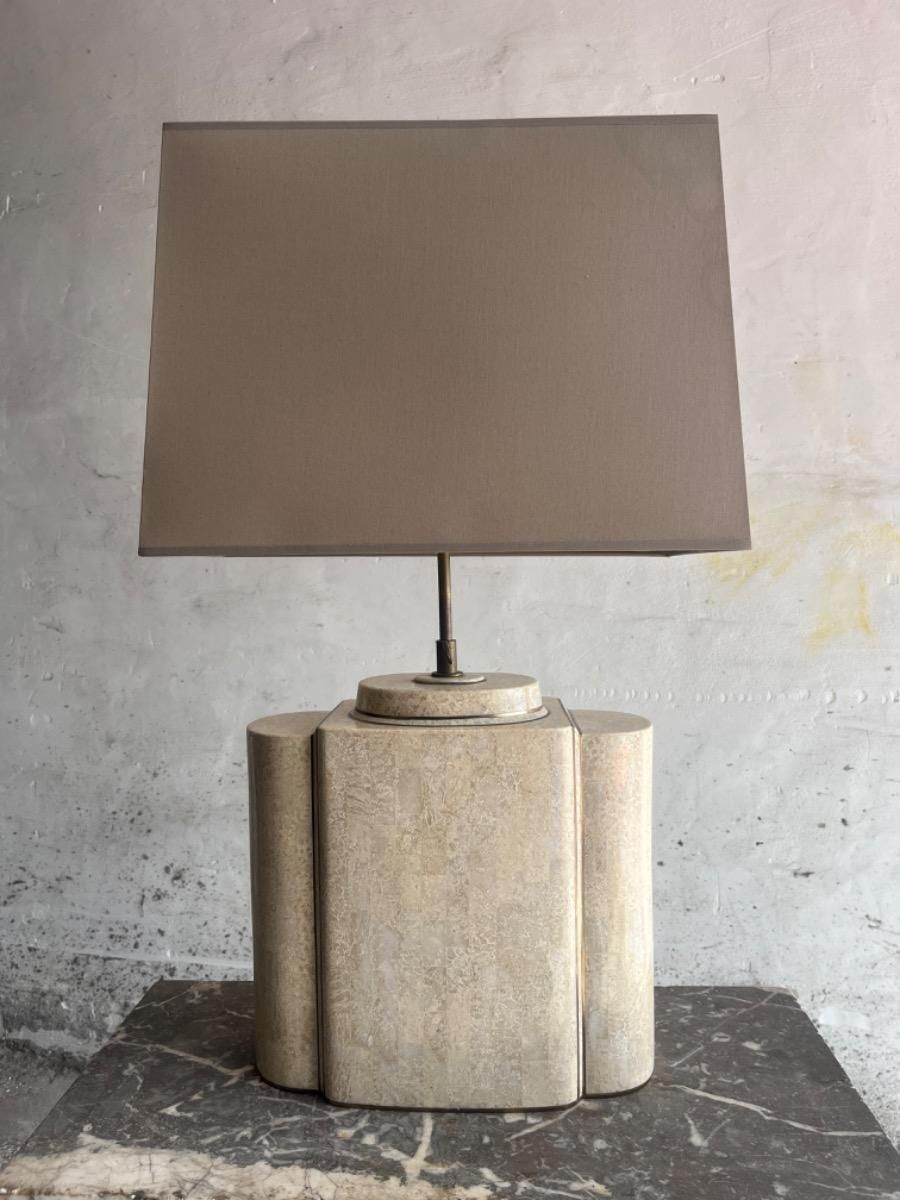 Architectural Table Lamps In Travertine And Brass In The Style Maison Jansen, 1970s, Set Of 2 photo for sale