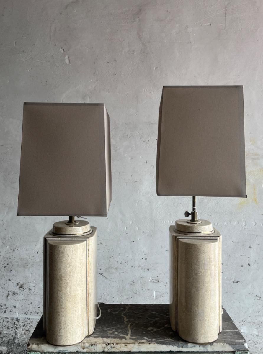 Architectural Table Lamps In Travertine And Brass In The Style Maison Jansen, 1970s, Set Of 2 photo Lighting