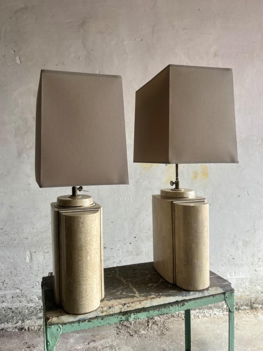 Architectural Table Lamps In Travertine And Brass In The Style Maison Jansen, 1970s, Set Of 2 photo 703.0