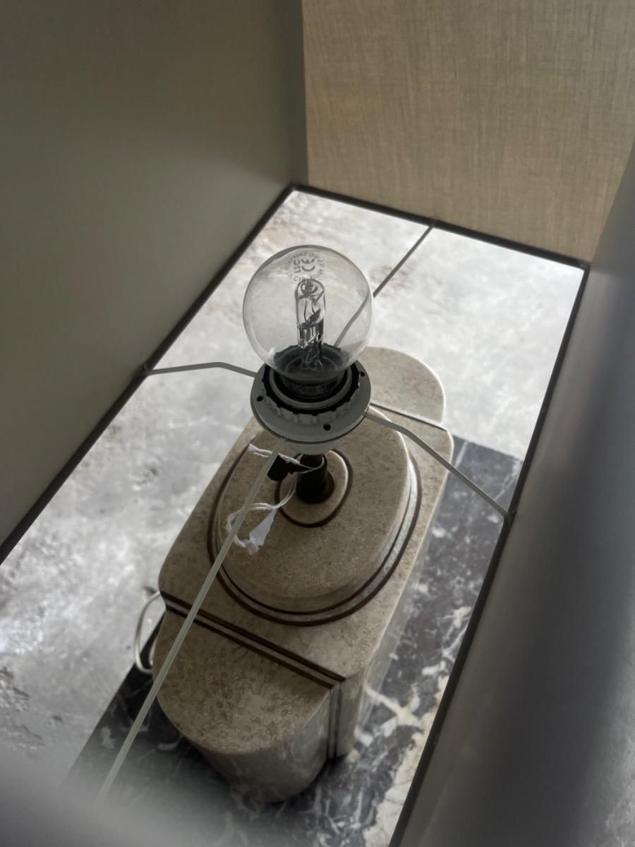 photo for sale Architectural Table Lamps In Travertine And Brass In The Style Maison Jansen, 1970s, Set Of 2