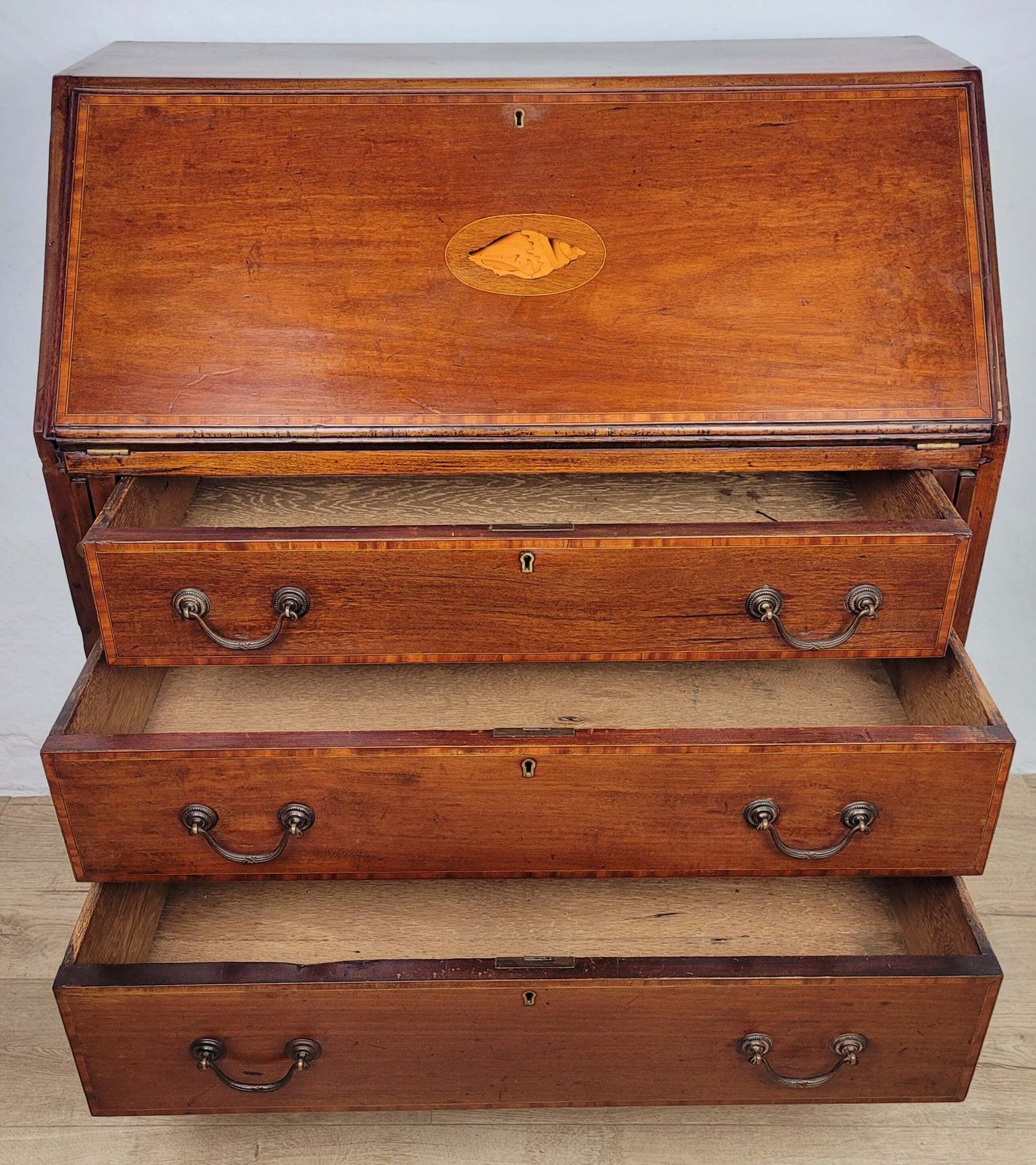 Edwardian Writing Bureau Desk Key & Lock Shell Motif 1910 Delivery Available photo for sale