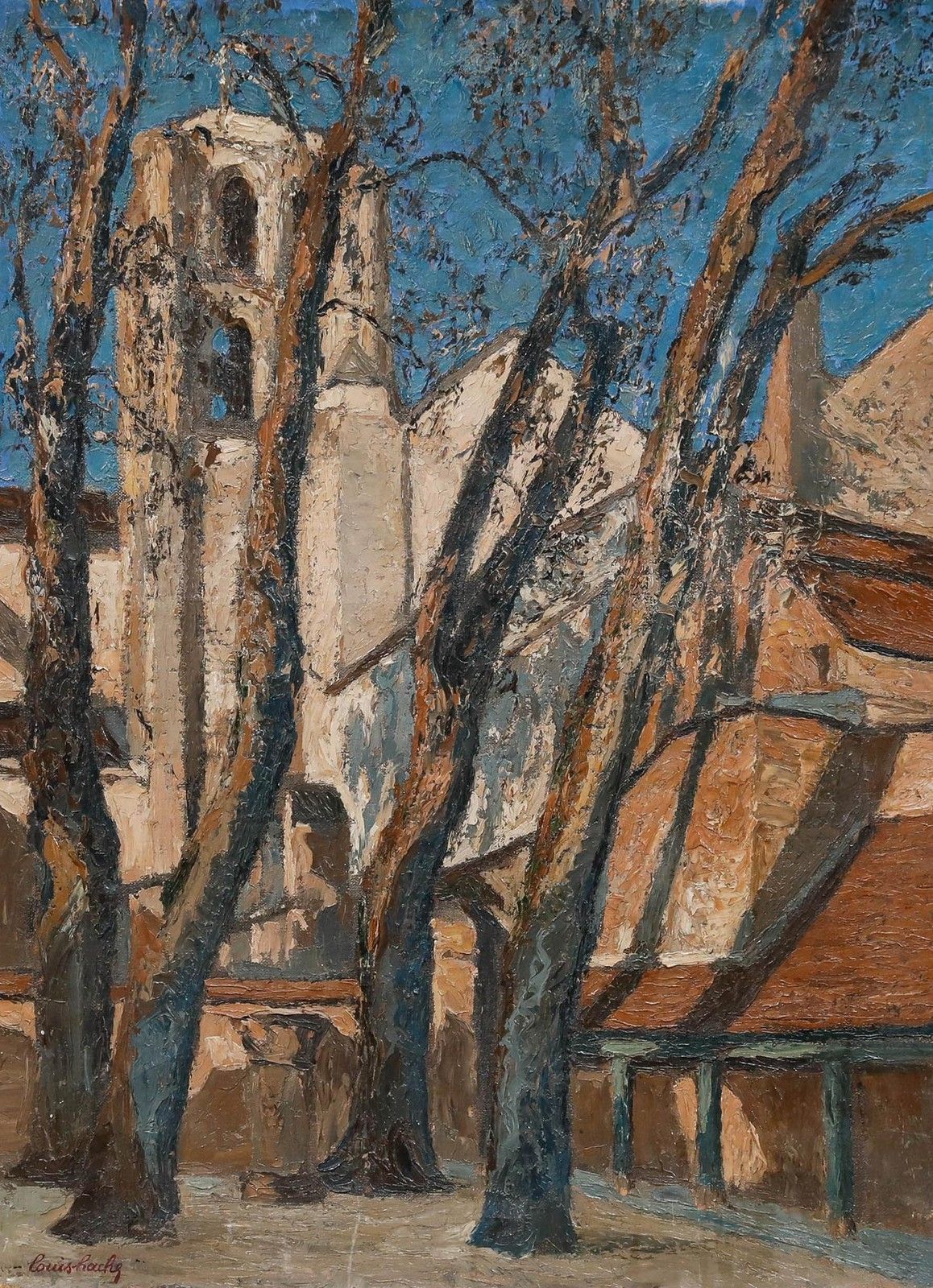 Louis Hache (B.1893) Mid 20th Century Oil, Vézelay Abbey photo furniture