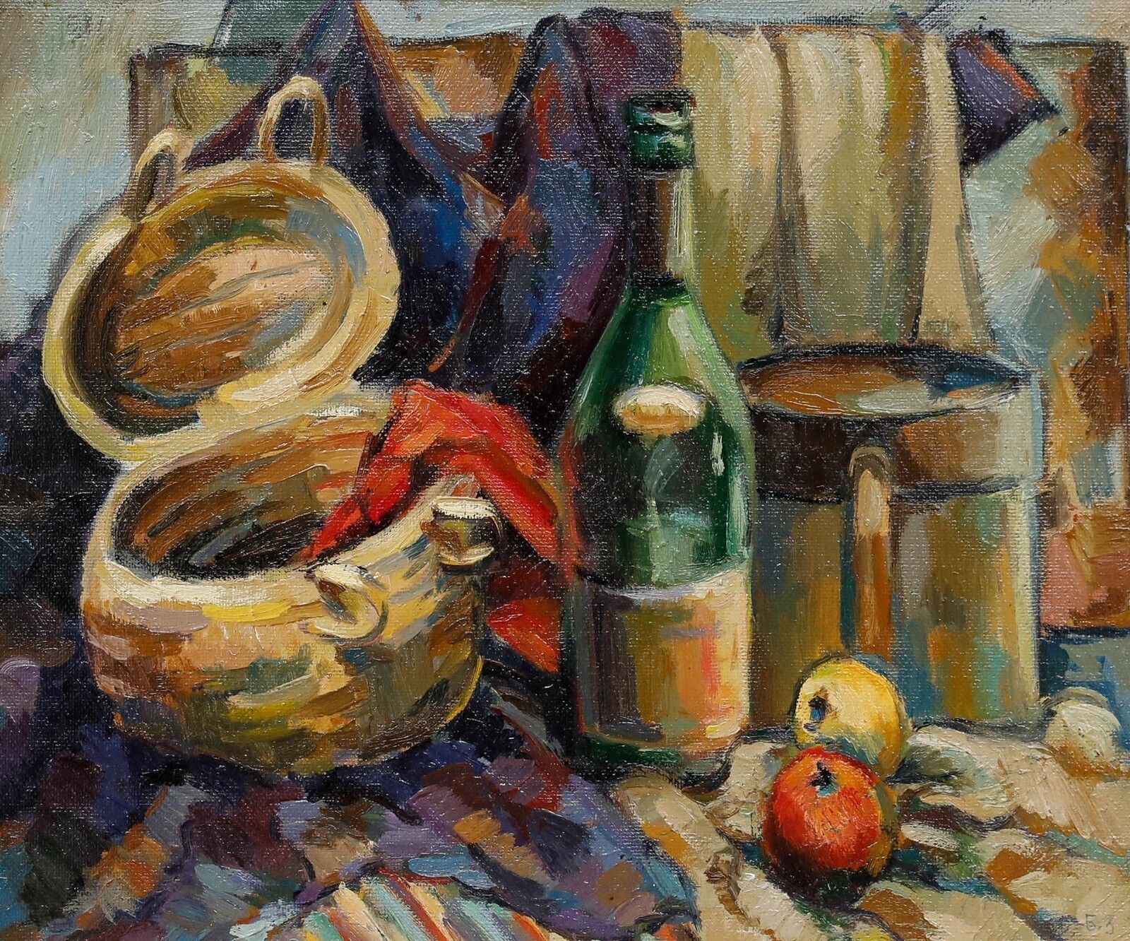 Framed Mid 20th Century Oil Still Life With Wine And Apples photo furniture