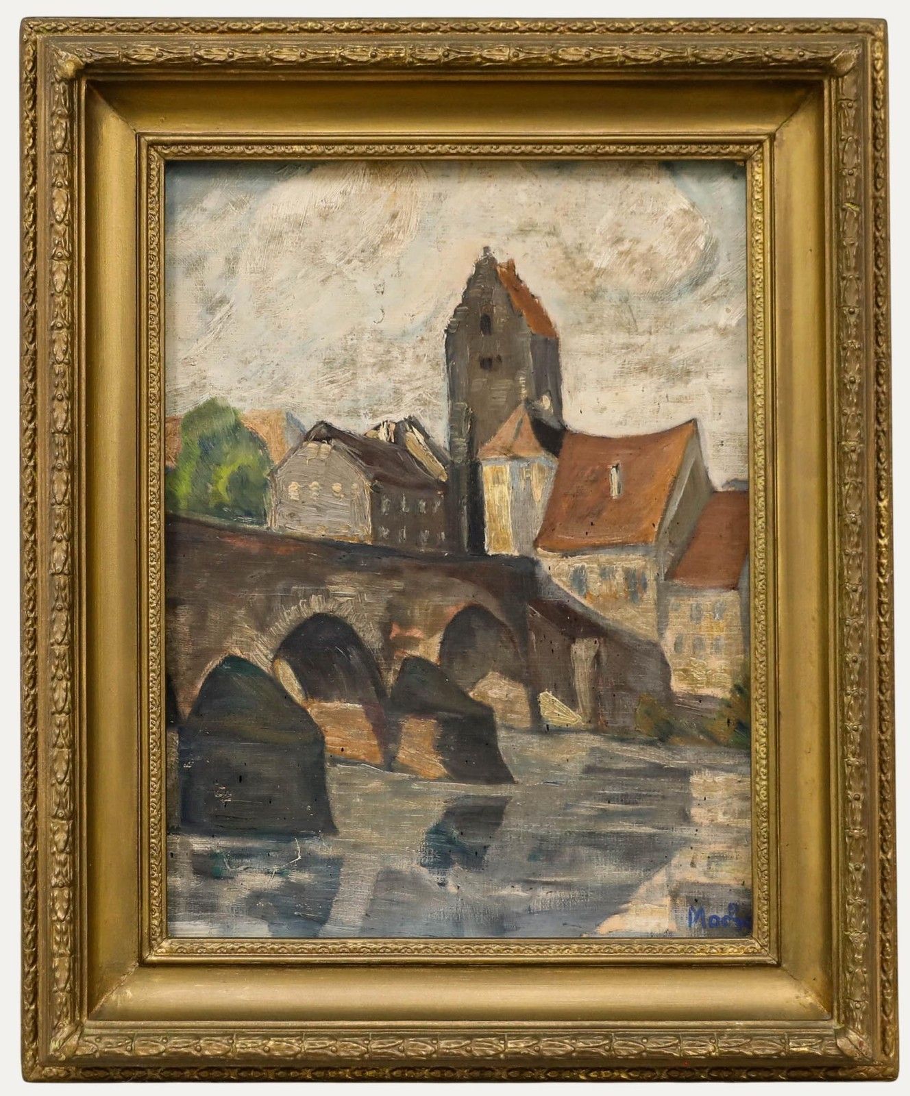 Early 20th Century Oil Old Town Bridge