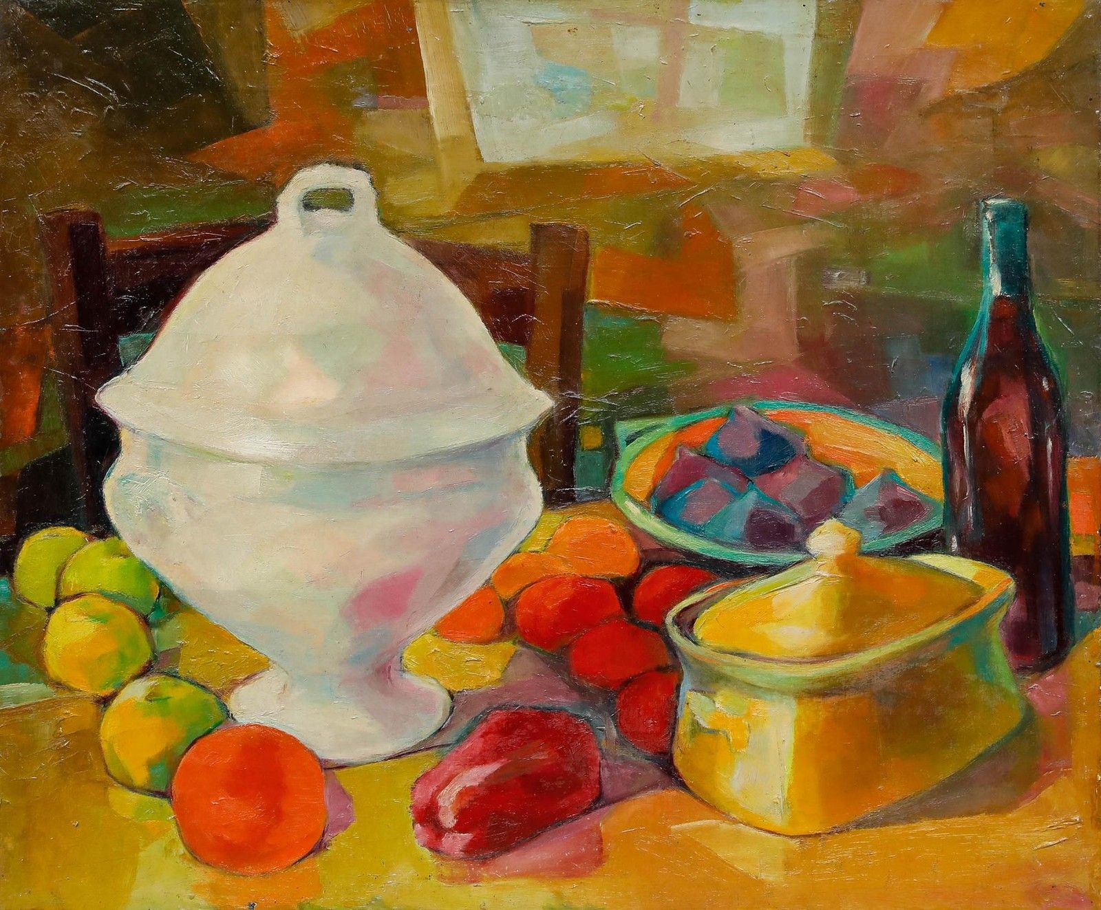 French School Early 20th Century Oil Still Life With Tureen photo furniture