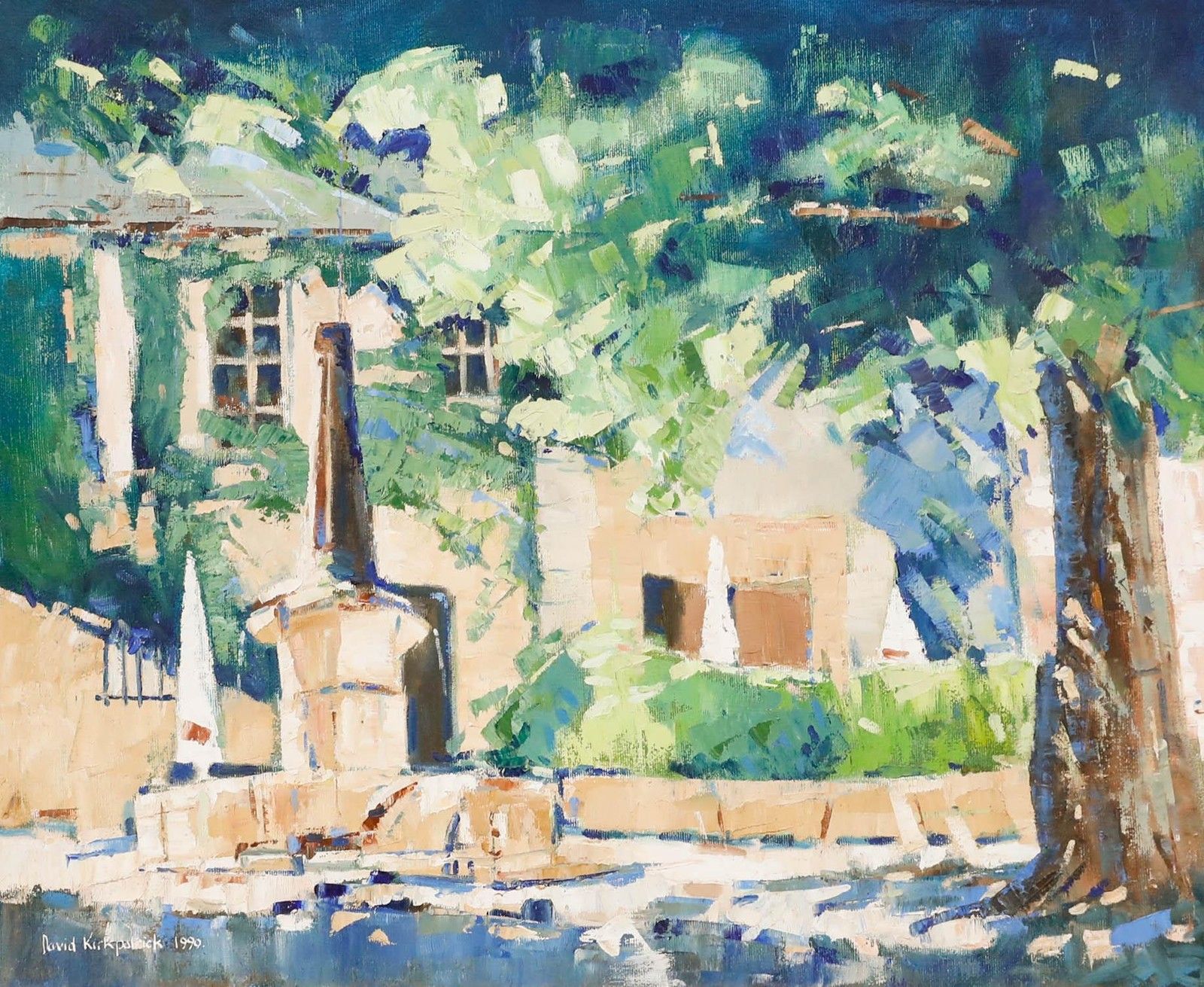 David Kirkpatrick Framed Contemporary Oil, Château View With Stone Fountain photo furniture