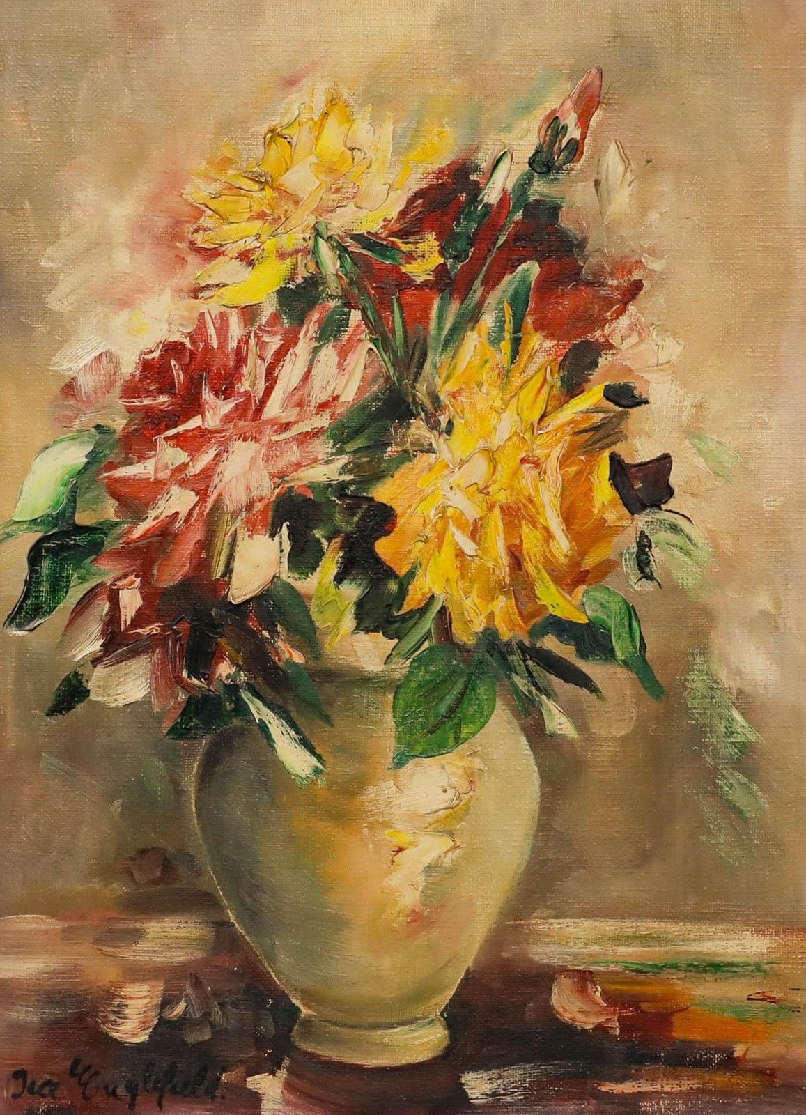 Ira Englefield (B.1912) Framed 20th Century Oil, Still Life Of Roses photo furniture