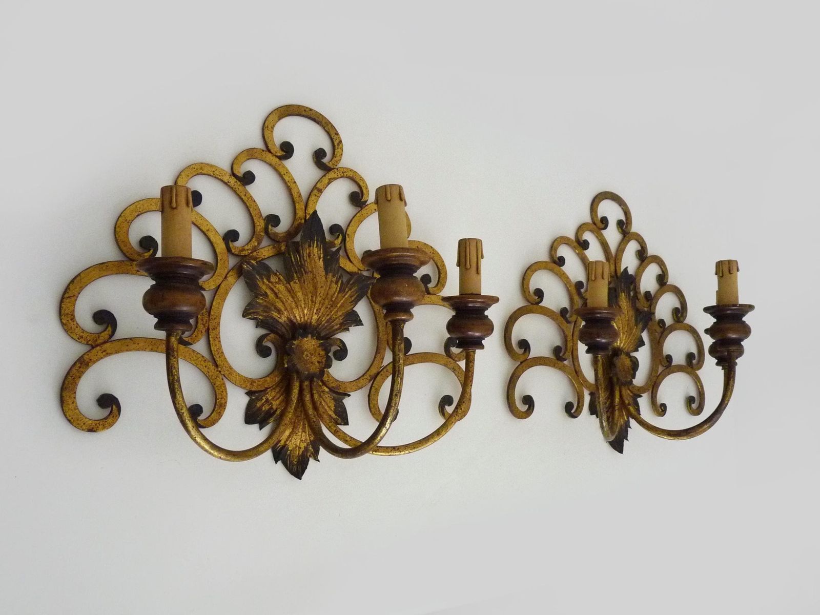 Large Pair Of Italian Three Light Wall Sconces In Gilt Wrought Iron. 1950s photo for sale