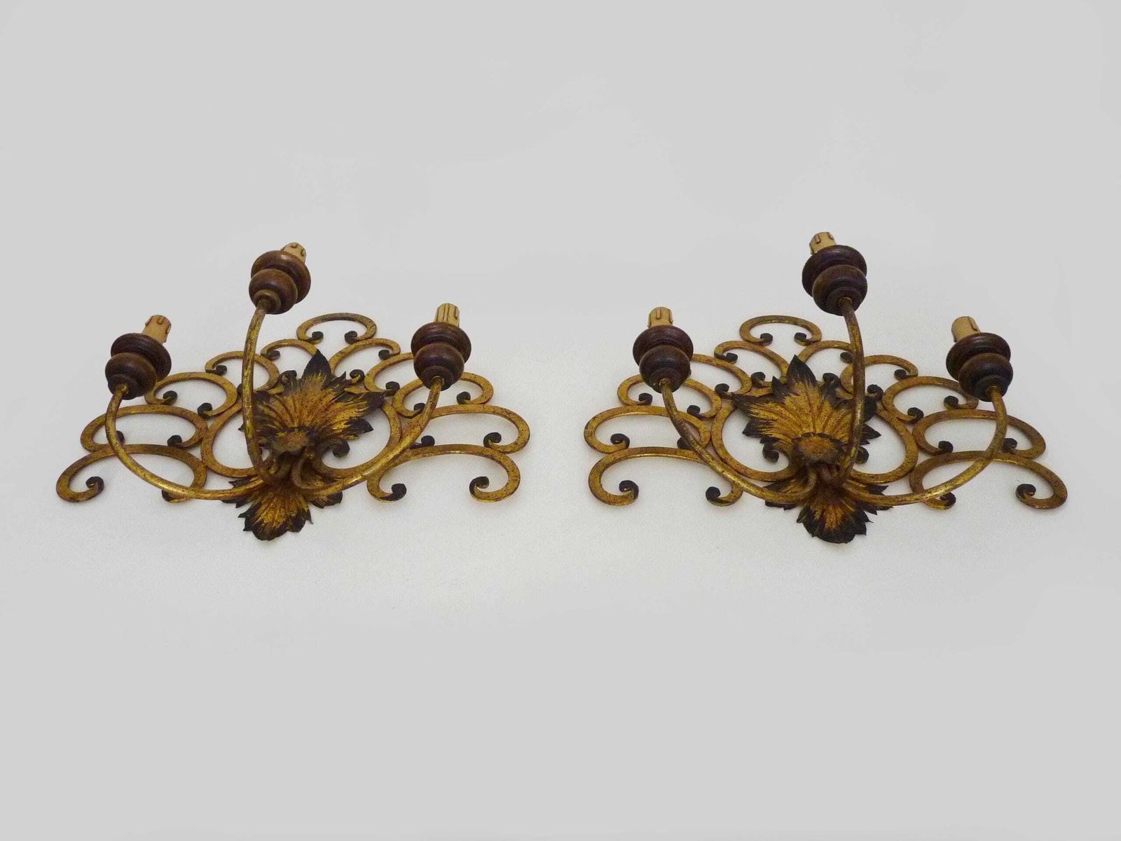 Large Pair Of Italian Three Light Wall Sconces In Gilt Wrought Iron. 1950s photo 398.0