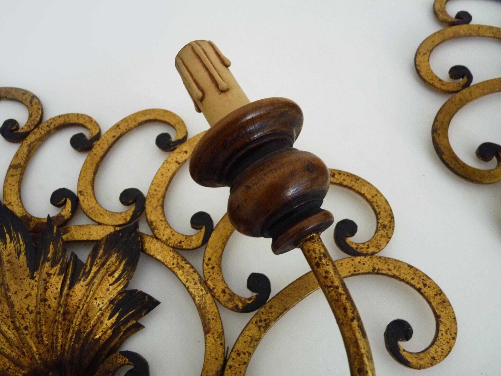 Large Pair Of Italian Three Light Wall Sconces In Gilt Wrought Iron. 1950s photo vintage