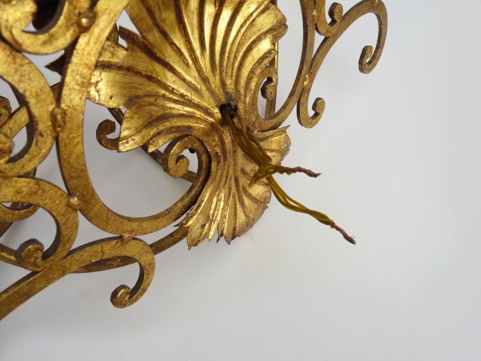 photo for sale Large Pair Of Italian Three Light Wall Sconces In Gilt Wrought Iron. 1950s