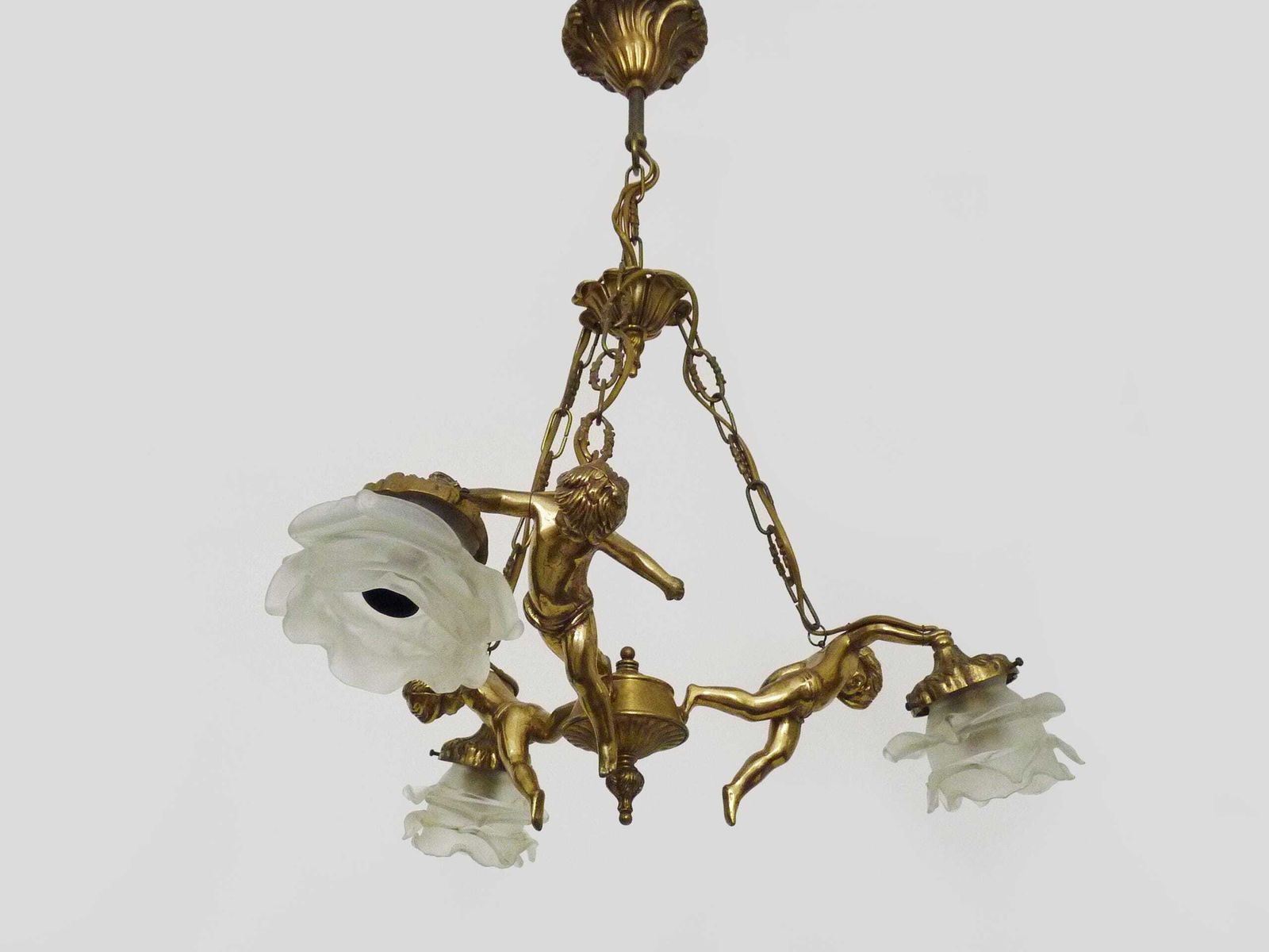 Stunning 3 Light Cherub Chandelier With Rose Shaped Tulip Shades. 1960s photo for sale