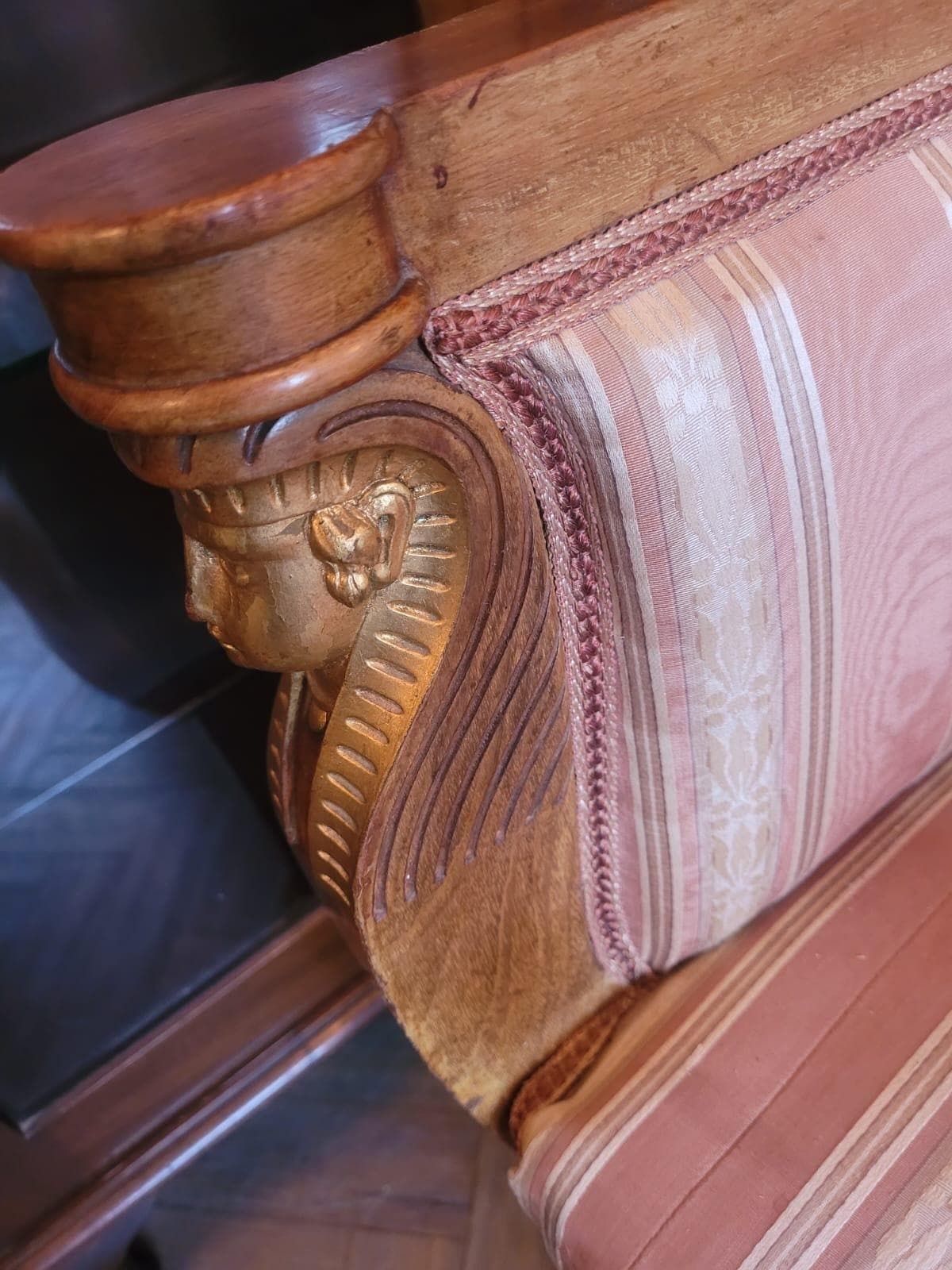 Vintage Egyptian Style 3 Seater Sofa In Candy Stripe Upholstery, Carved Detailing With Gold Embellishments photo 450.0