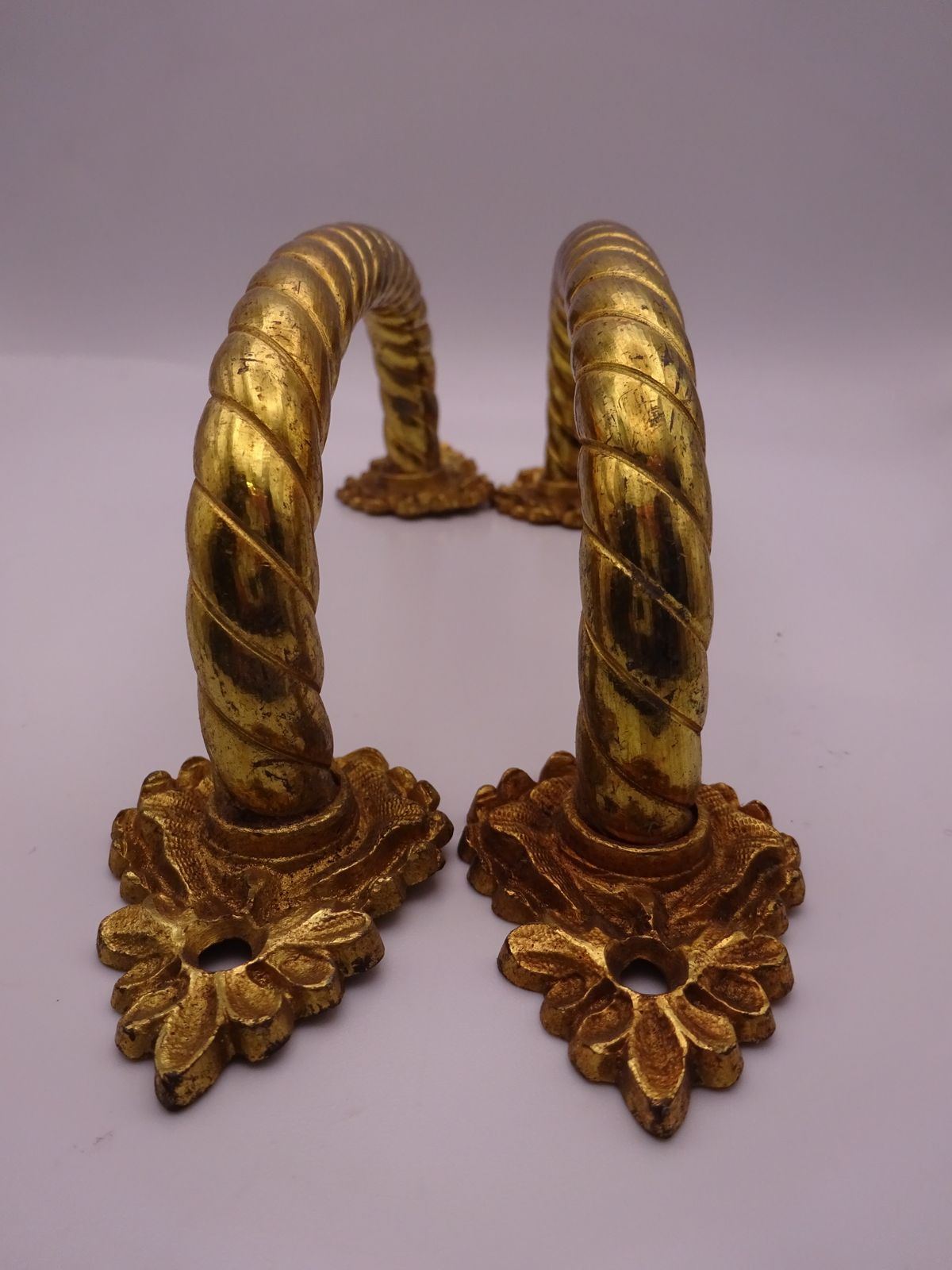Pair Of Reclaimed Antique Brass Door Pulls, Rope Twist Handle And Leaf Backplate photo vinterior