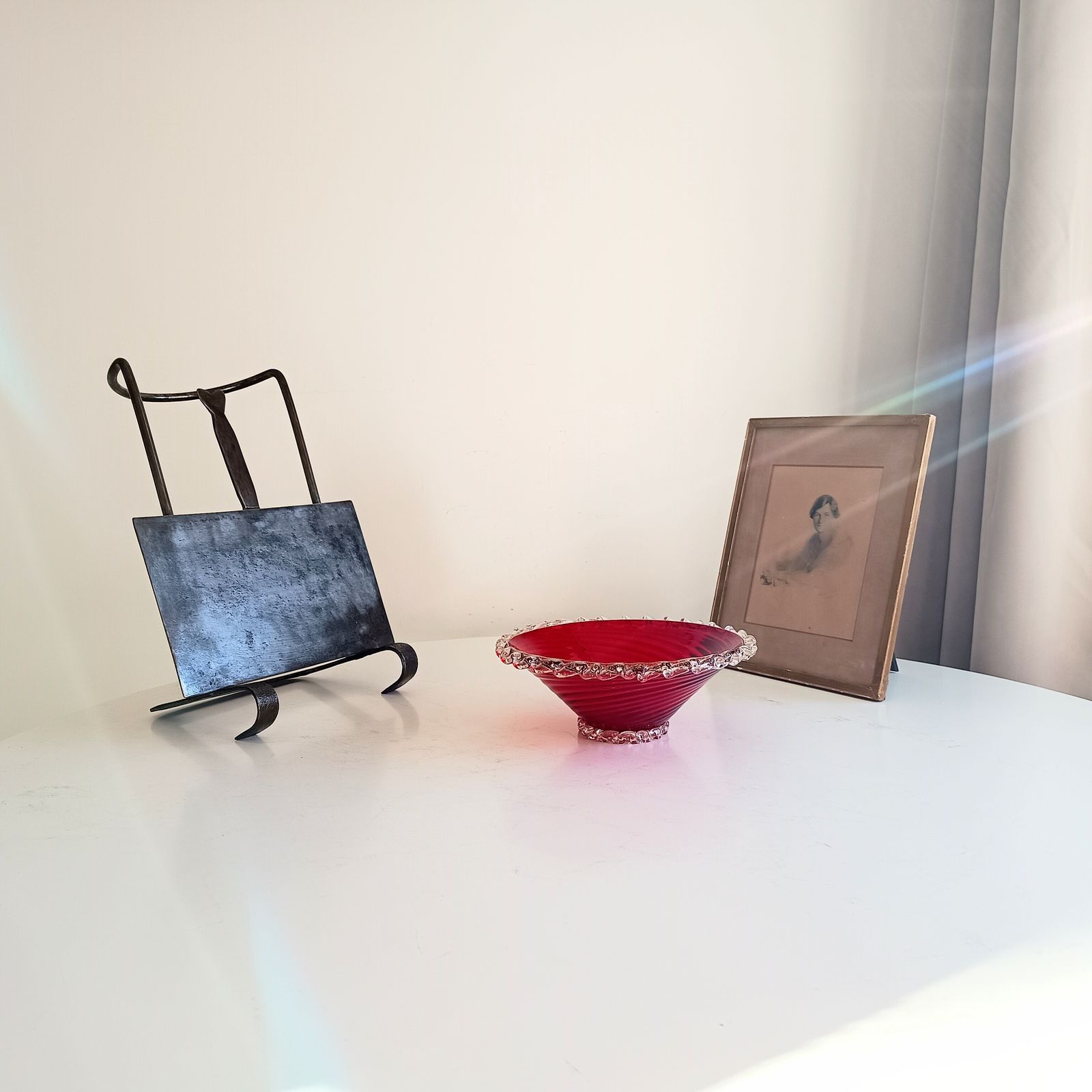 Arts & Crafts Cotswolds Hand Forged Riveted Hearth Trivet Cooking Stand, Sliding Plate Heart Shaped Finial photo vintage
