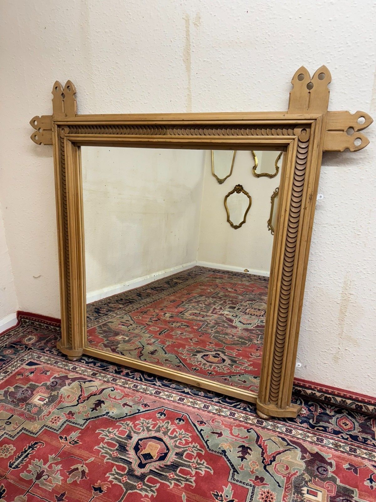 Stunning Antique Pine Gothic Revival Mirror/Overmantle Circa 1880 photo vinterior