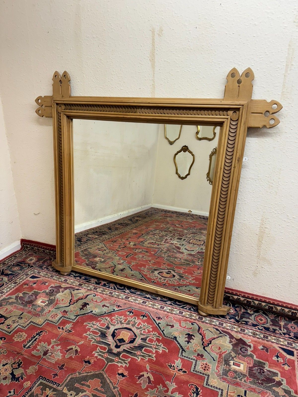 Stunning Antique Pine Gothic Revival Mirror/Overmantle Circa 1880 photo vintage