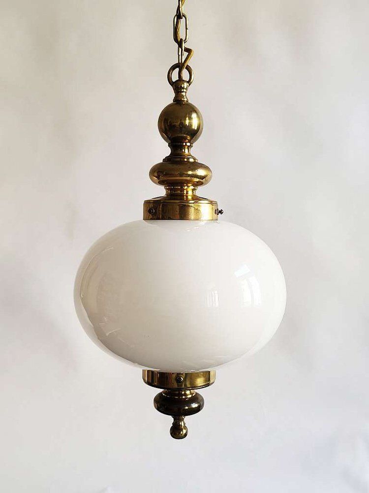 Mid Century Opaline Glass & Brass Ceiling Light In The Style Of Luigi Caccia Dominioni, 1950s