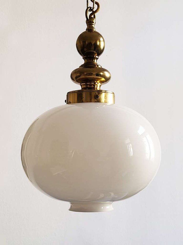 Mid Century Opaline Glass & Brass Ceiling Light In The Style Of Luigi Caccia Dominioni, 1950s photo vinterior
