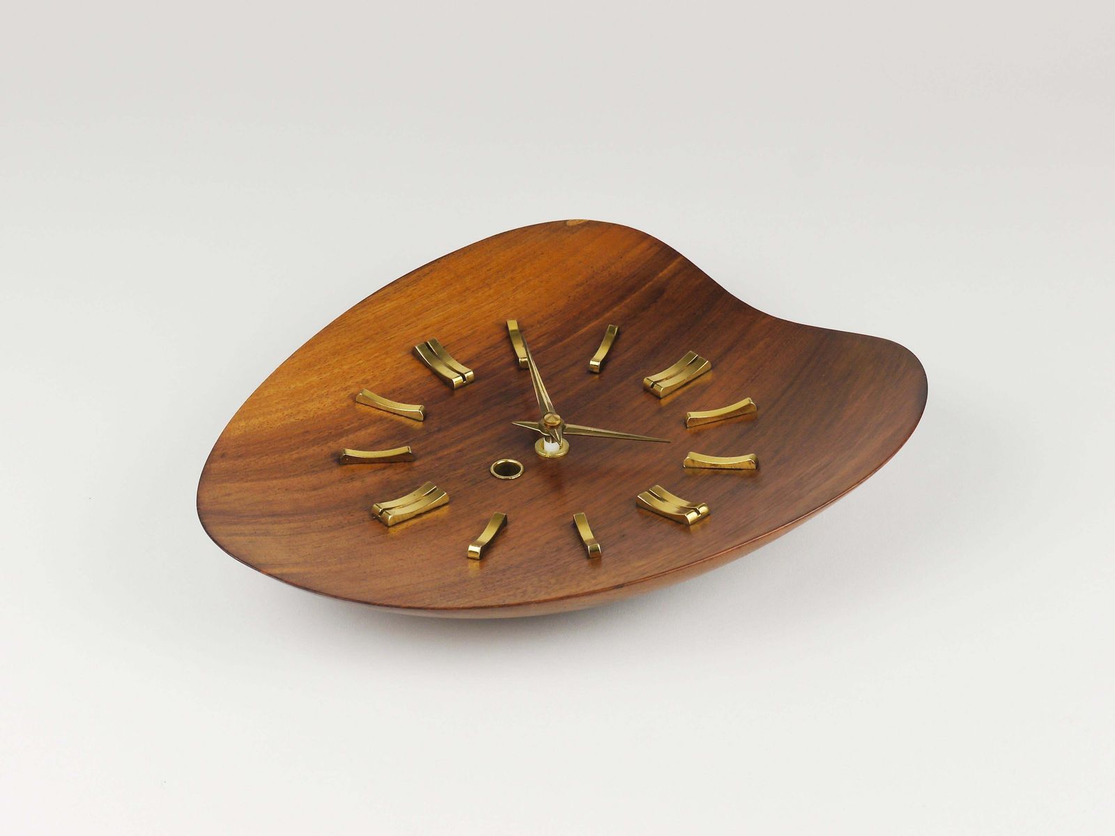 Organic Scandinavian Modern Mid Century Wall Clock, Teak & Brass, 1950s photo for sale