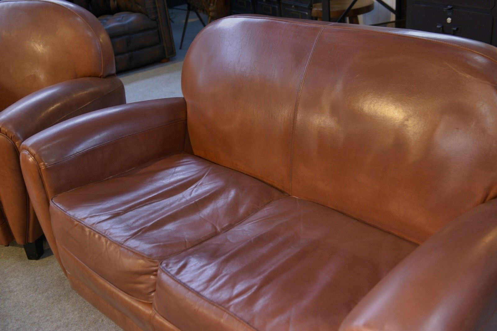 1980's Camel Faux Leather Club Sofa Set 2 Seater And 2 Armchairs photo Furniture