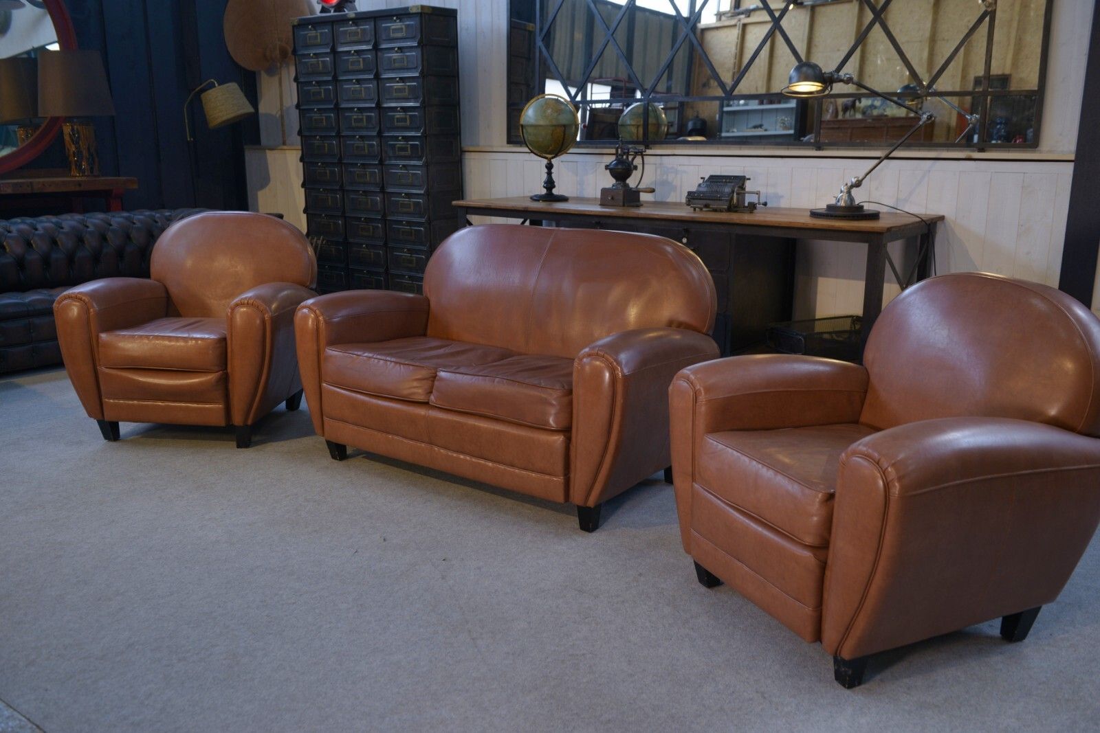 photo furniture 1980's Camel Faux Leather Club Sofa Set 2 Seater And 2 Armchairs