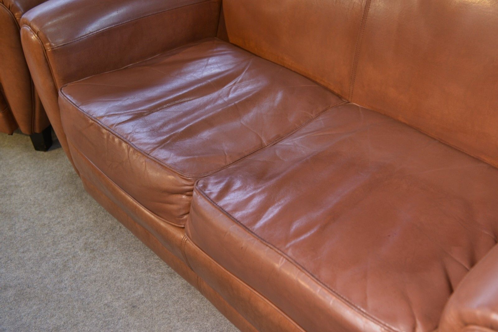 photo for sale 1980's Camel Faux Leather Club Sofa Set 2 Seater And 2 Armchairs
