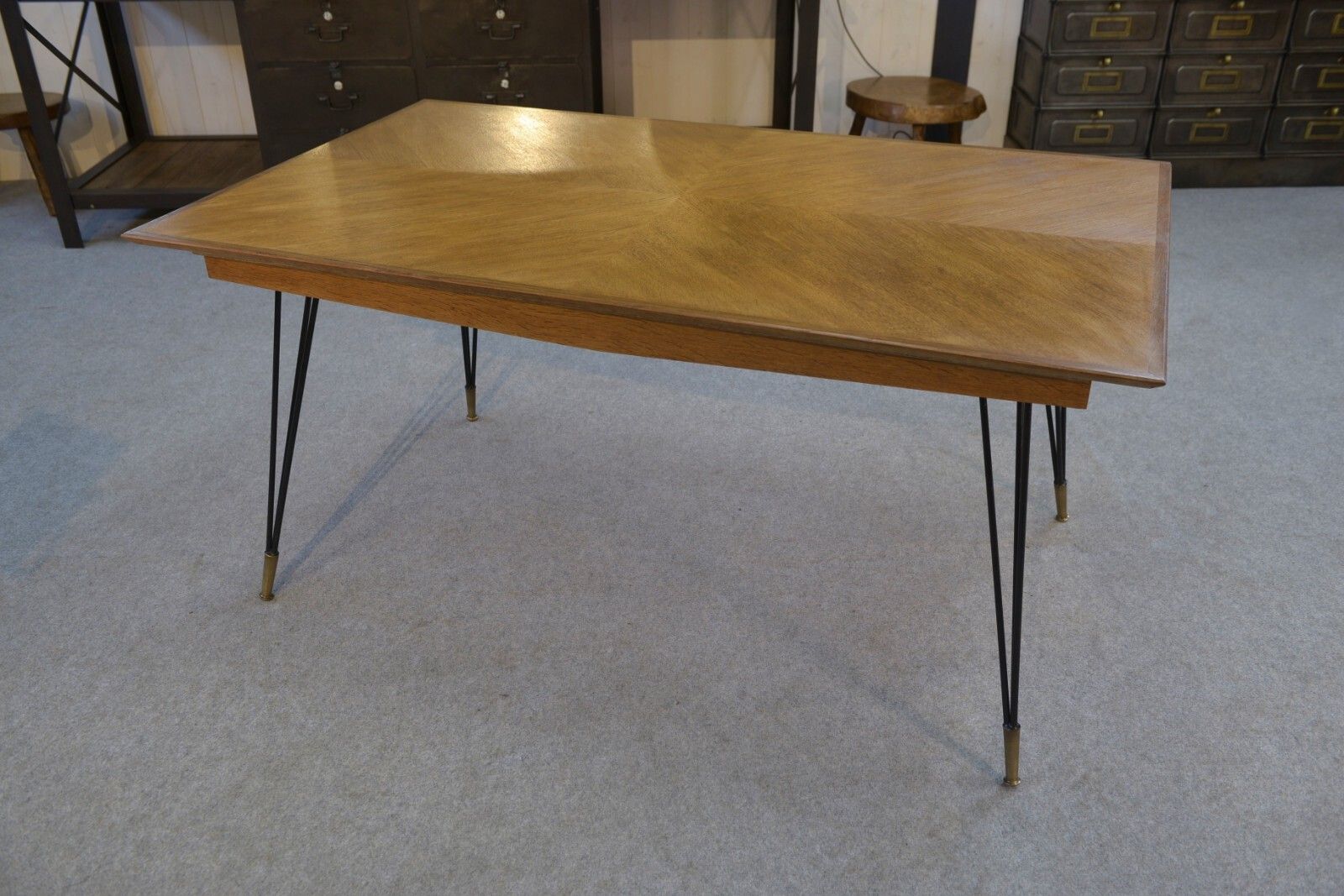 1960's Italian Design Cast Iron Bronze Oak Table And Stand