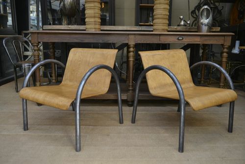 Pair Of Vintage Design Armchairs Metal And Wood 1950 photo furniture
