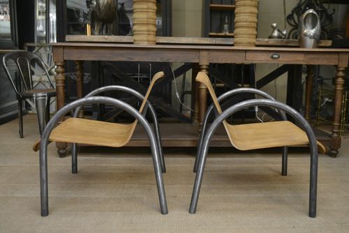 Pair Of Vintage Design Armchairs Metal And Wood 1950 photo vintage
