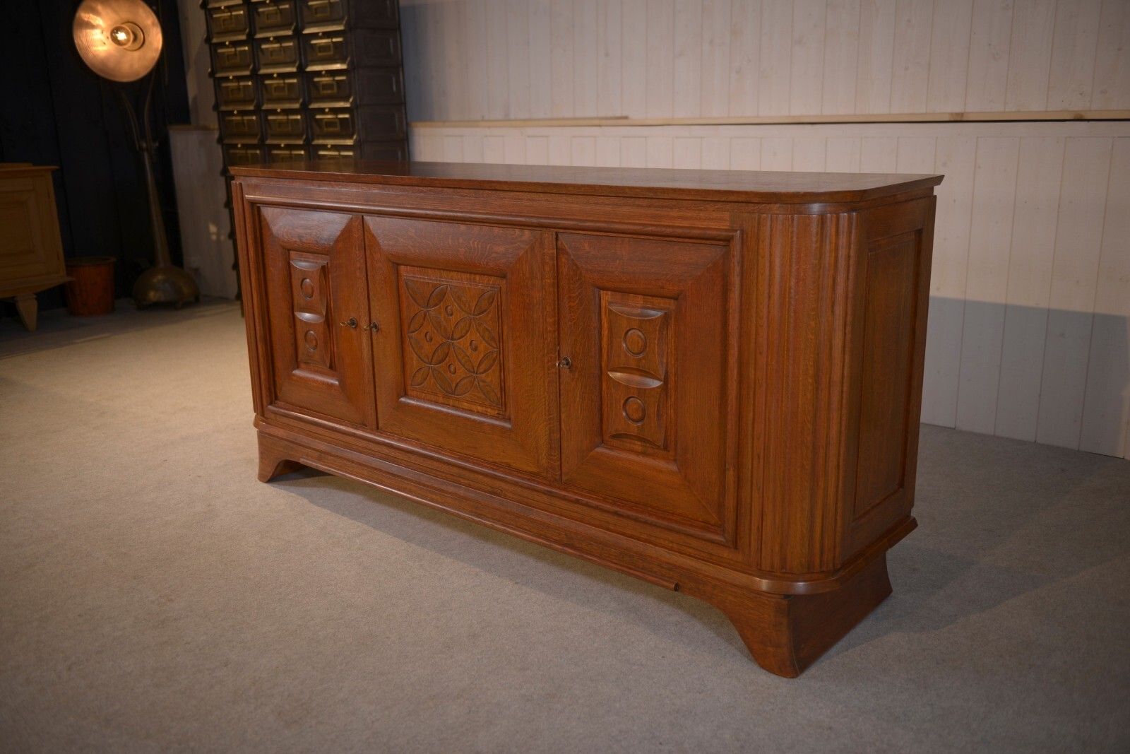 1950's Solid Oak 3 Door Sideboard Curved Feet
