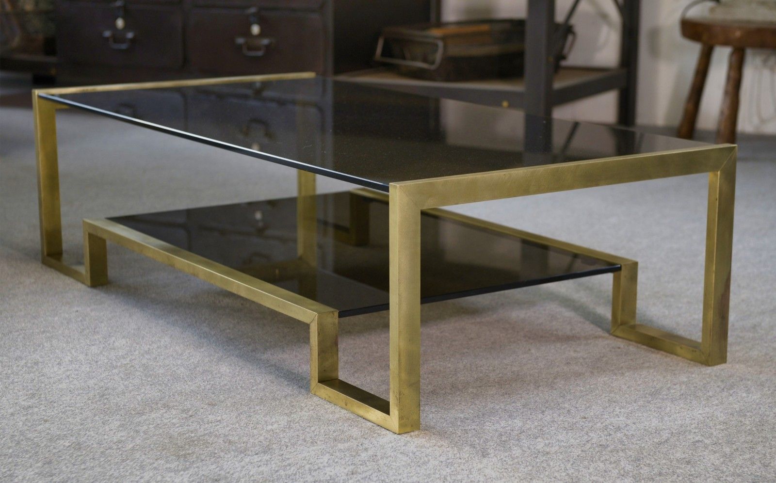1970's Black Brass And Smoked Glass Structure Design Coffee Table photo for sale