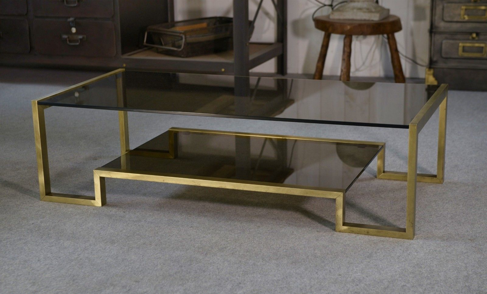 1970's Black Brass And Smoked Glass Structure Design Coffee Table photo Furniture
