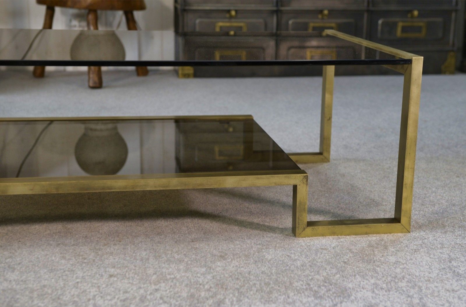 2427.0 1970's Black Brass And Smoked Glass Structure Design Coffee Table photo