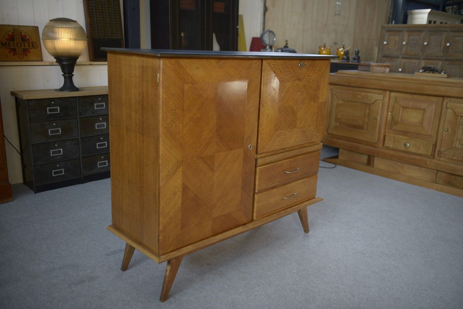 Oak Secretary Sideboard With Leather Top And Compass Feet 1960's photo furniture