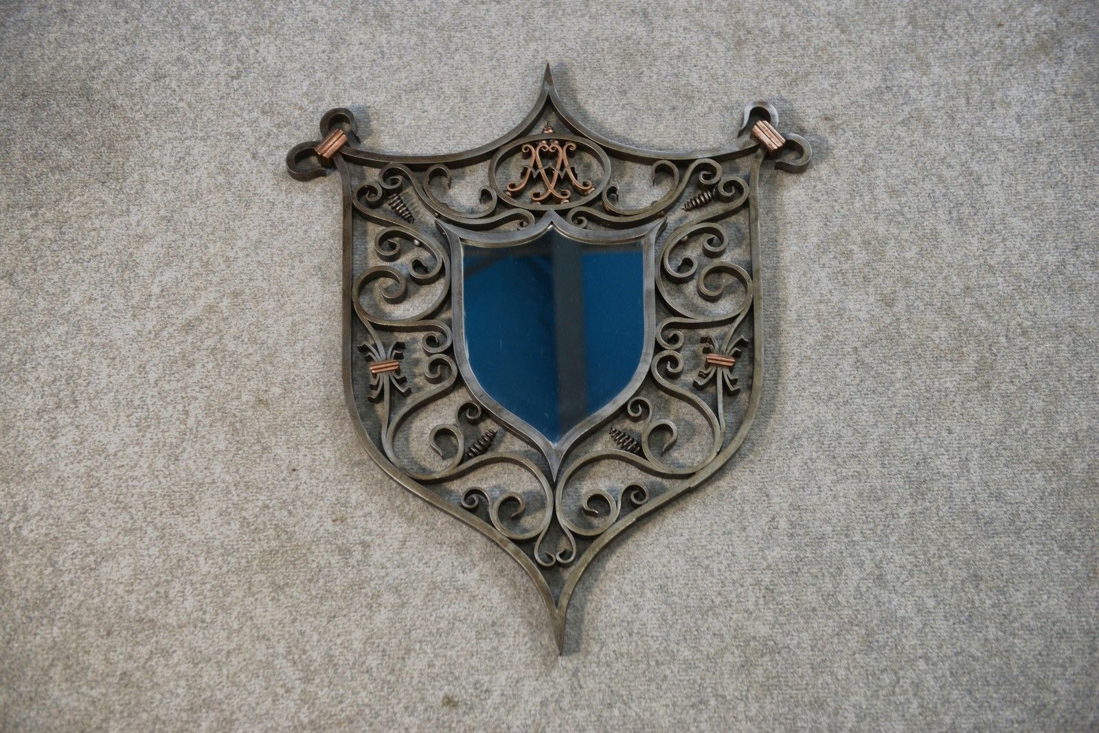 Antique Wrought Iron And Copper Turned Mirror Coat Of Arms Base 19th Century
