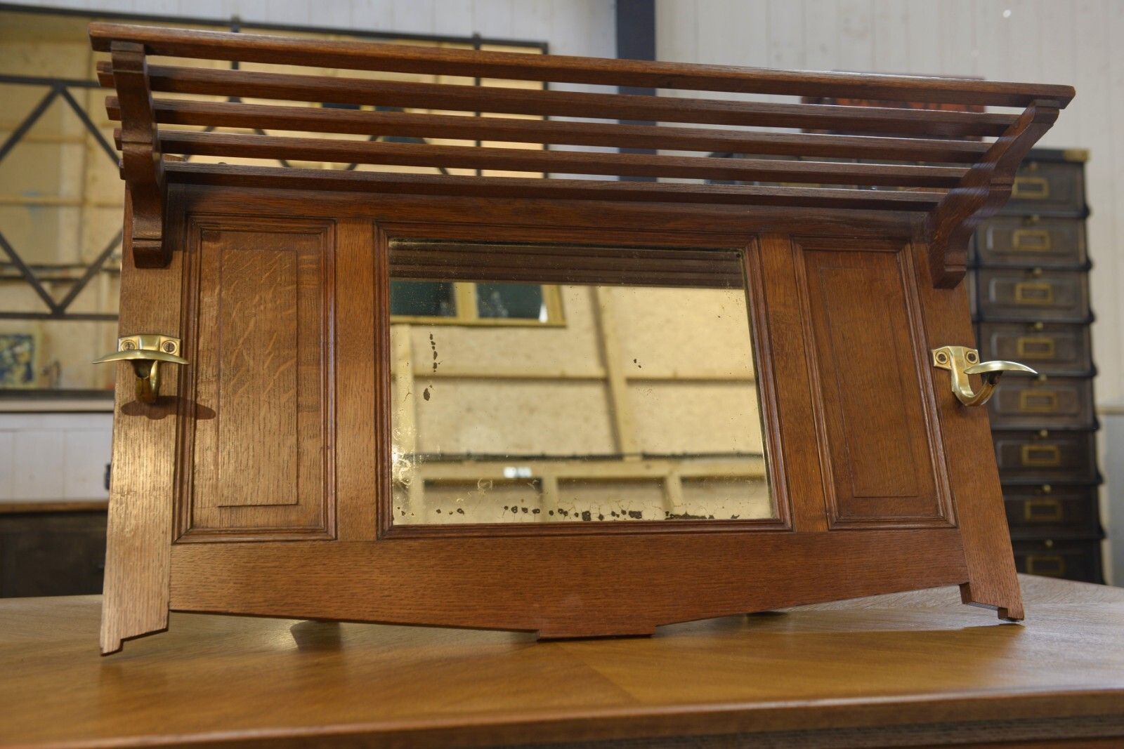 Solid Oak Coat Rack And 2 Brass Art Deco Hangers 1930's photo 221.0