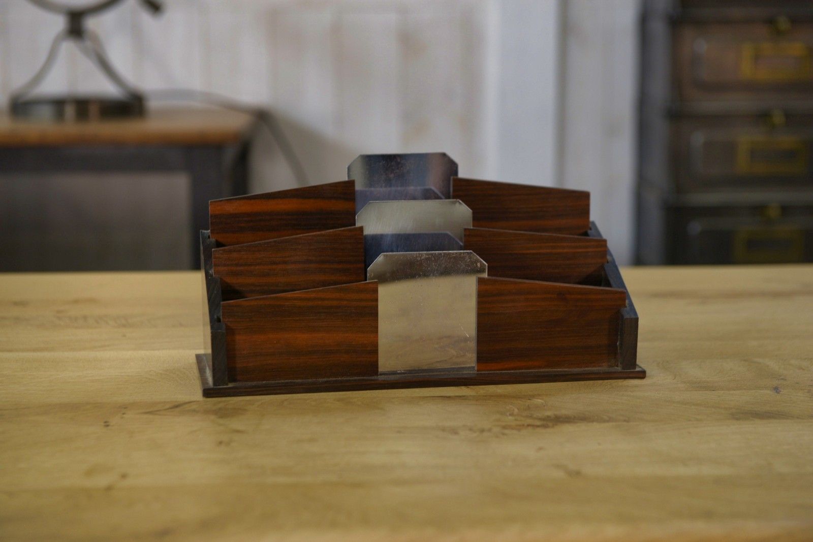 1930's Art Deco Polished Stainless Steel Rosewood Letter Holder photo furniture