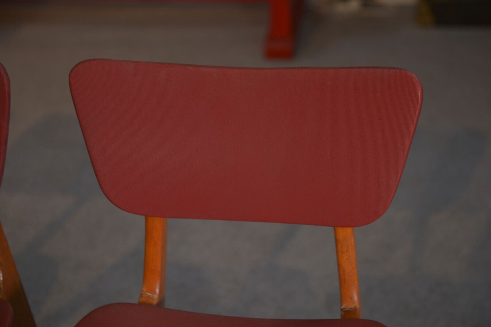 1960's Burgundy Oak And Skai Design 4 Chairs Set photo Furniture