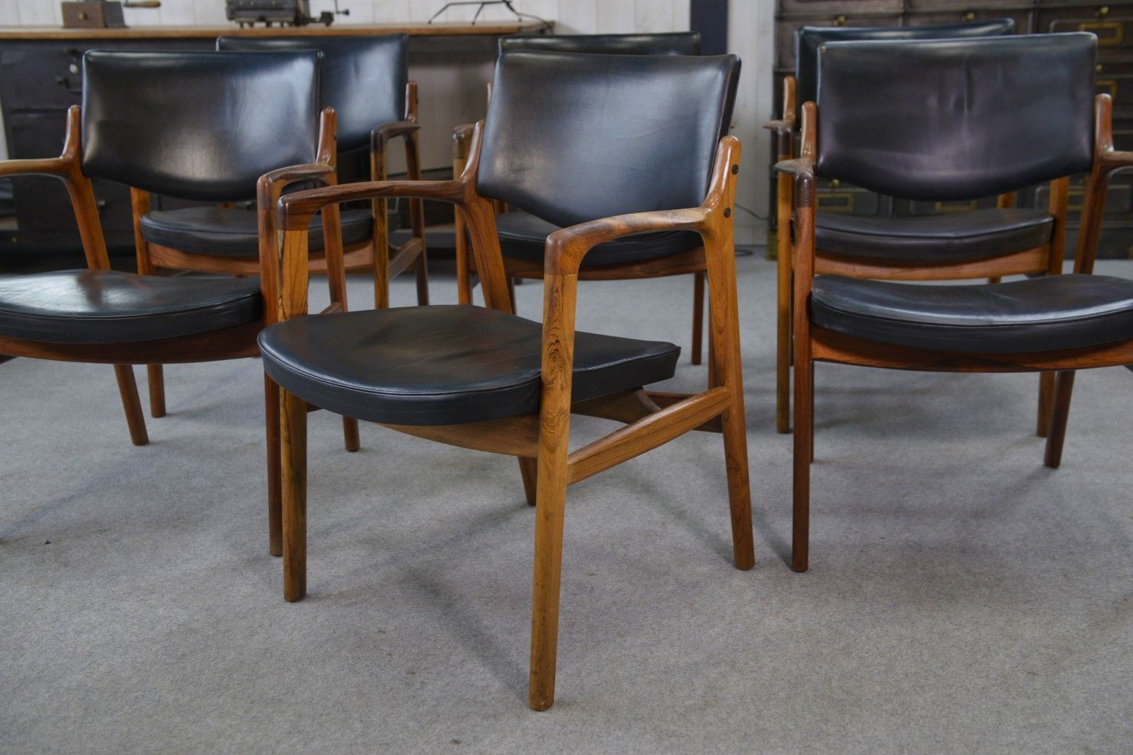 photo for sale Set Of 6 Scandinavian Leather And Rosewood Armchairs By Gondo Gravesen