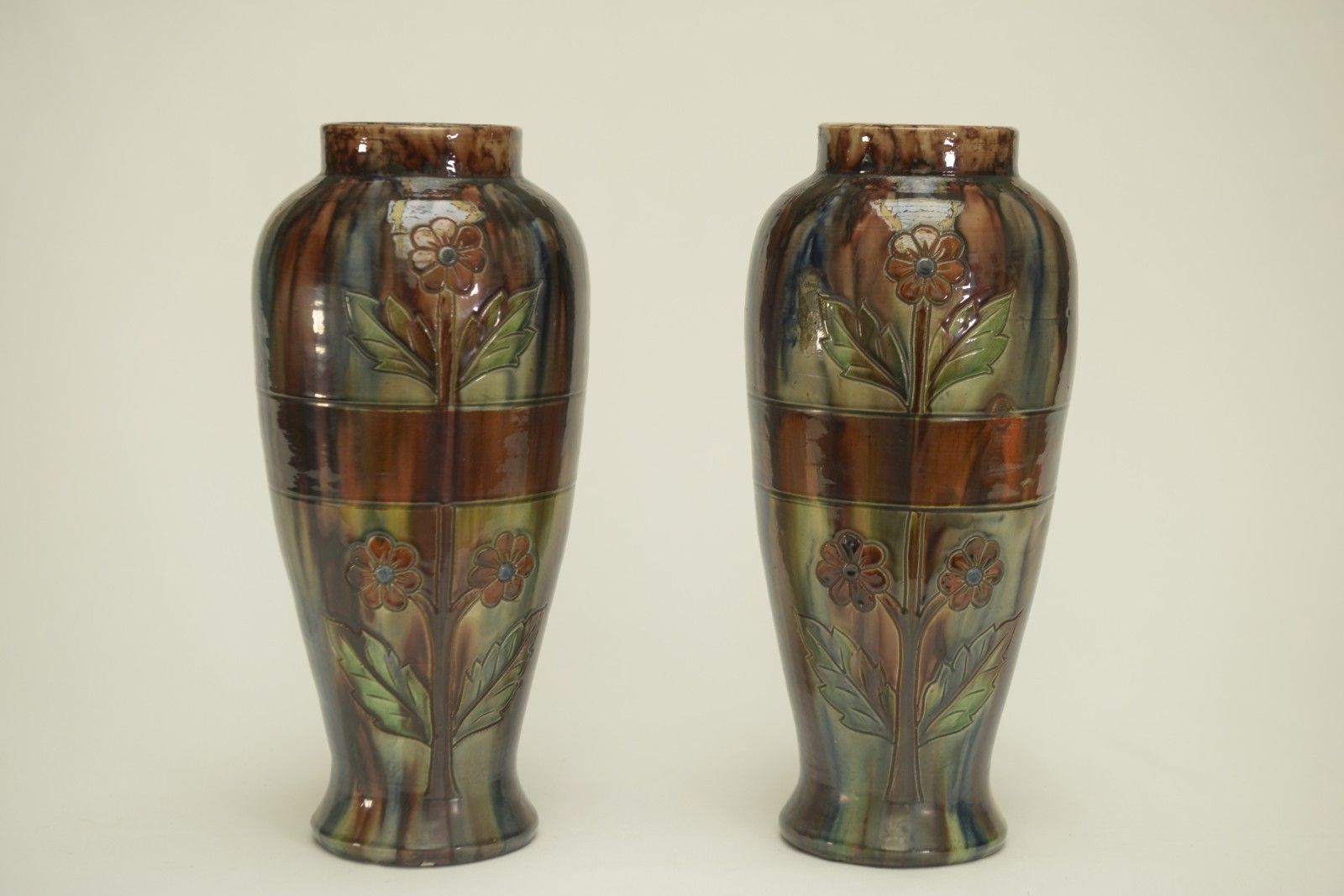 photo for sale Pair Of Early 20th Century Slipper Vases Stamped Belgium 158