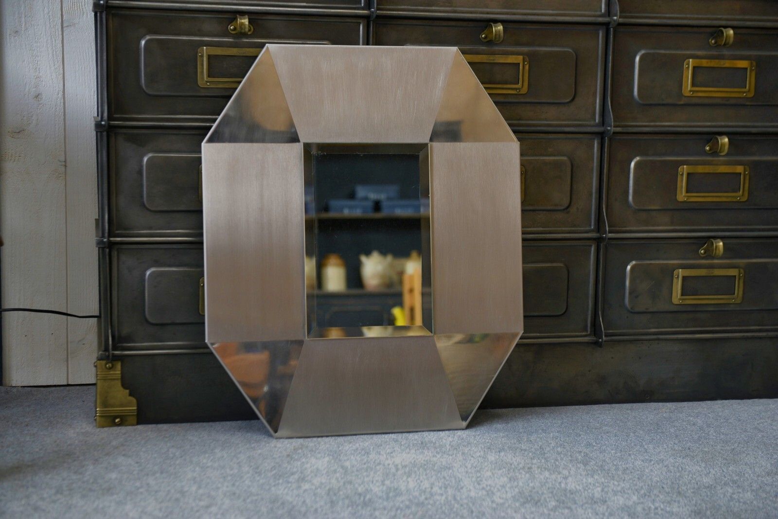 Brushed And Chrome Stainless Steel Design Mirror, Beveled Glass 1970's photo furniture