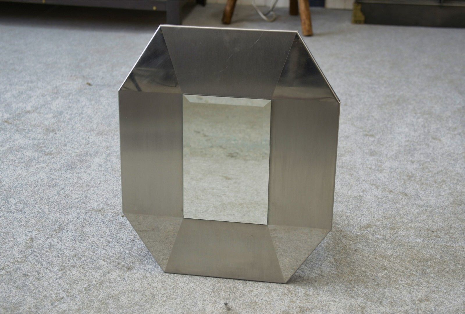 Brushed And Chrome Stainless Steel Design Mirror, Beveled Glass 1970's photo Home Decor