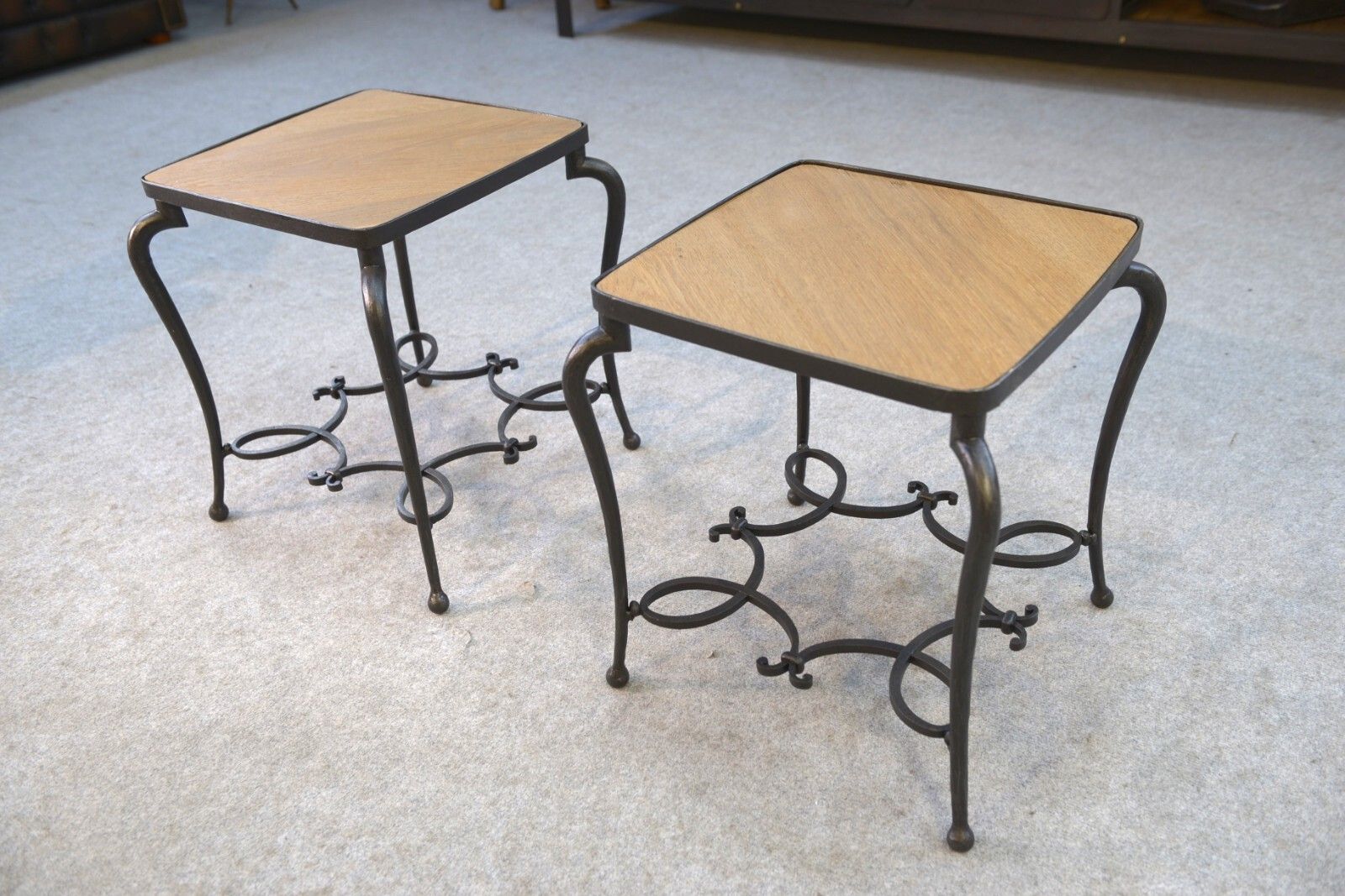 Pair Of Wrought Iron Side Tables And Oak Top French Work