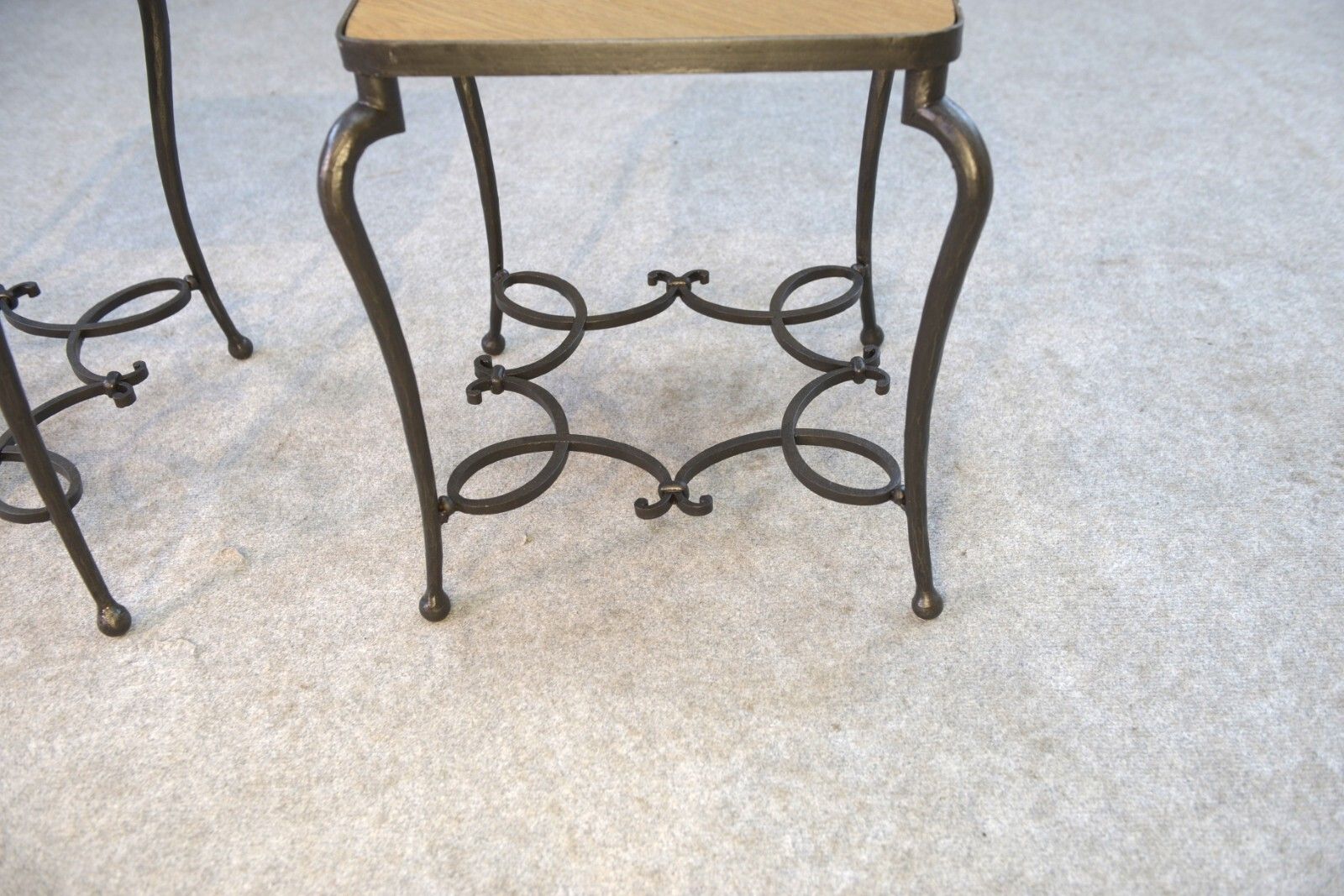 Pair Of Wrought Iron Side Tables And Oak Top French Work photo buy