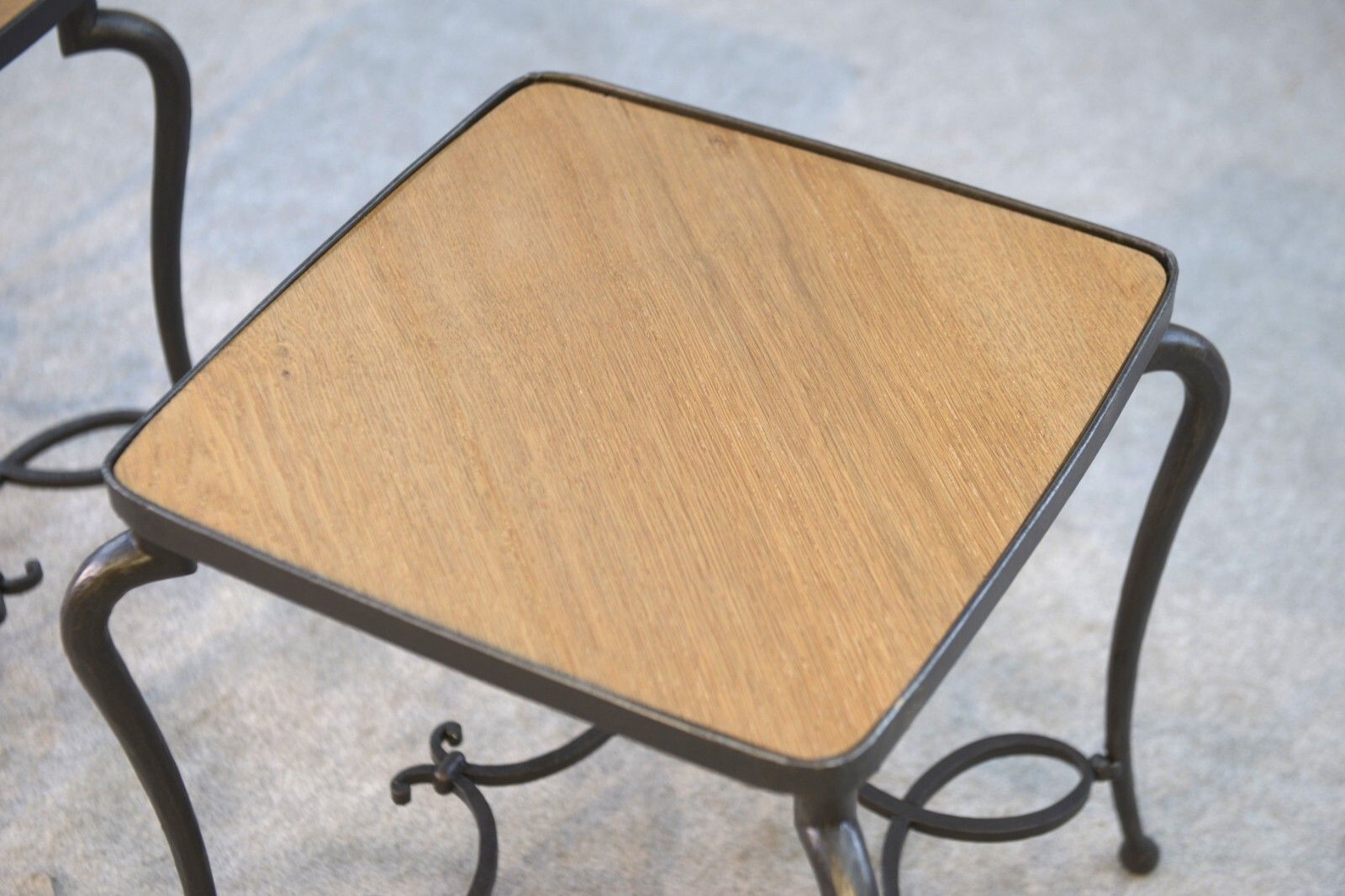 photo furniture Pair Of Wrought Iron Side Tables And Oak Top French Work
