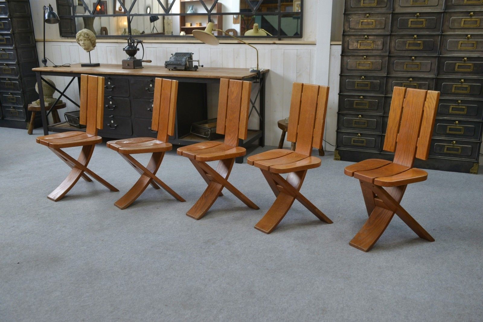 1970's Seltz Manufacture Solid Oak Chair Set Of 5 photo for sale